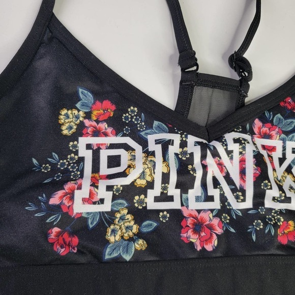 VS Pink Sport Ultimate Lightly Lined Low Impact Bra M Black Floral Logo - Picture 2 of 6
